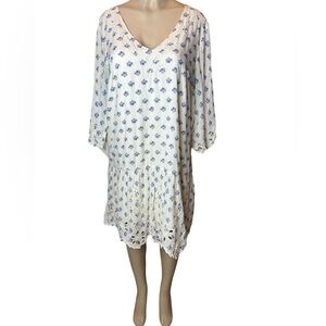 Meadow Rue by Anthropologie V-Neck Long Sleeve Dress Eyelet Ivory Blue Large​​​